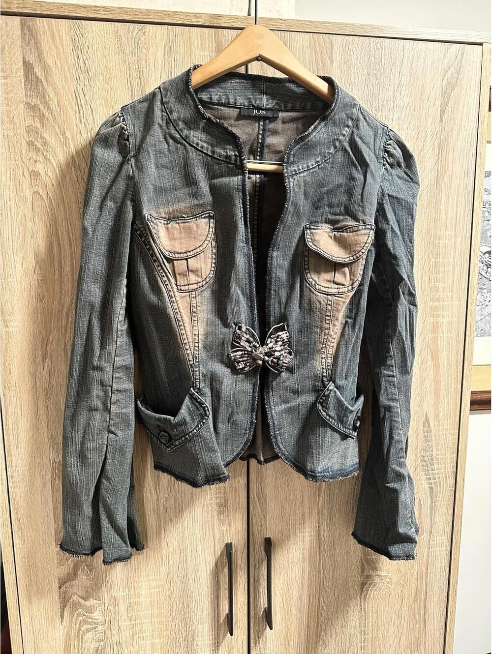 Vintage Y2K JON Distressed Embellished Rhinestone Butterfly Denim Jacket